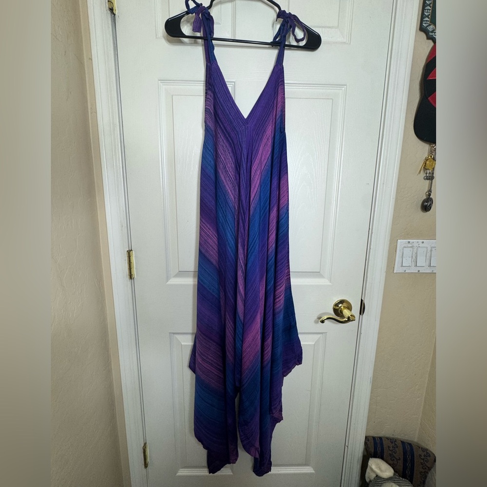 Bali Prema Boho Romper Purple Blue Stripe Tie Shoulder Handkerchief Hem‎ Flowy